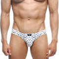 White mens briefs with bold black geometric and stylized mustache pattern branded naninen metroMaleWear Vasco Hip Brief