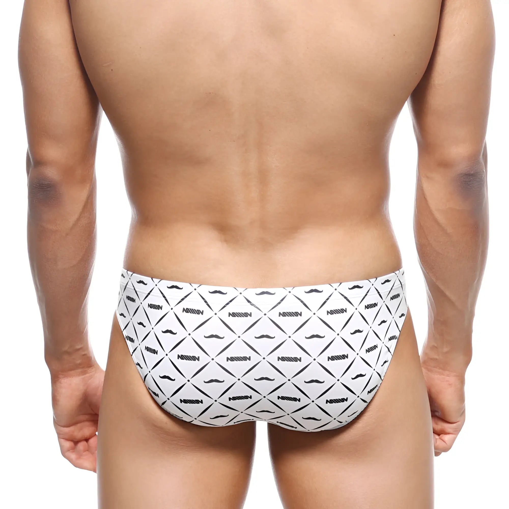 White MetroMaleWear Vasco Hip Brief caballero swim trunks with black geometric mustache pattern and nassim text