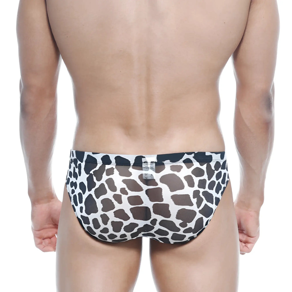 White briefs with black and brown giraffe print pattern from metromalewear vasco hip brief dalmatian 5103-77 collection