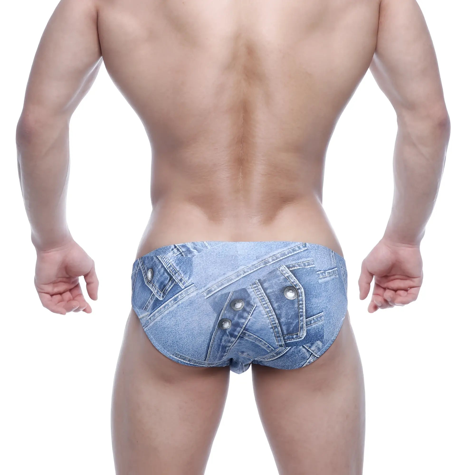 Blue denim-patterned metro malewear vasco hip briefs with stitched pockets and metallic button accents