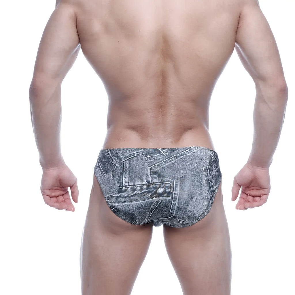 MetroMaleWear Vasco hip brief in gray denim with a patchwork design for men’s underwear