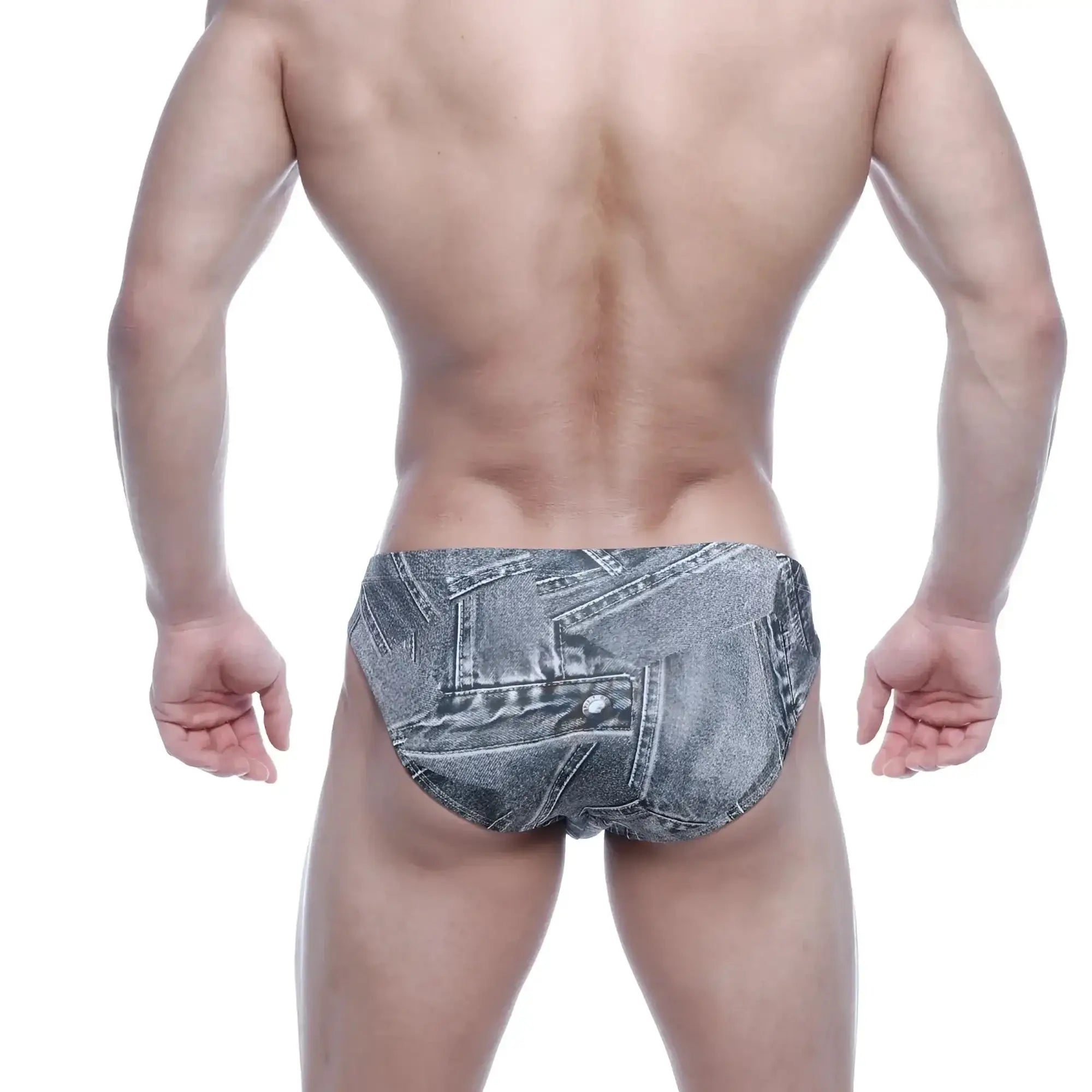 MetroMaleWear Vasco hip brief in gray denim with a patchwork design for men’s underwear