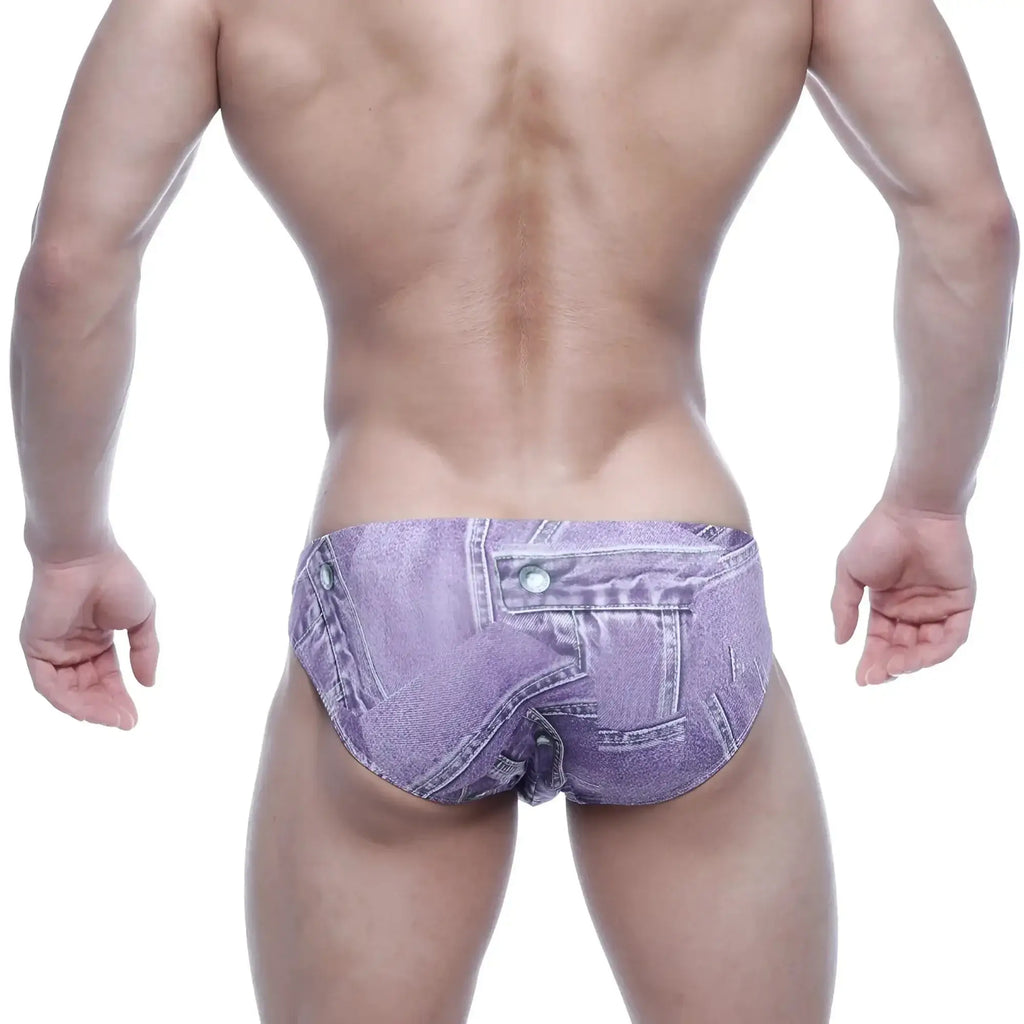 Purple denim-patterned men’s briefs with button and zipper detail from MetroMaleWear Vasco Hip Brief Denim Purple 5103-69