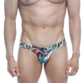 A vibrant patterned mens brief metroMalewear Vasco Hip Brief Fenrir 5103-79 with pink teal and black abstract designs.