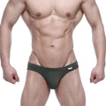 Olive green metro malewear vasco hip briefs with a small white brand tag on the waistband for comfortable wear