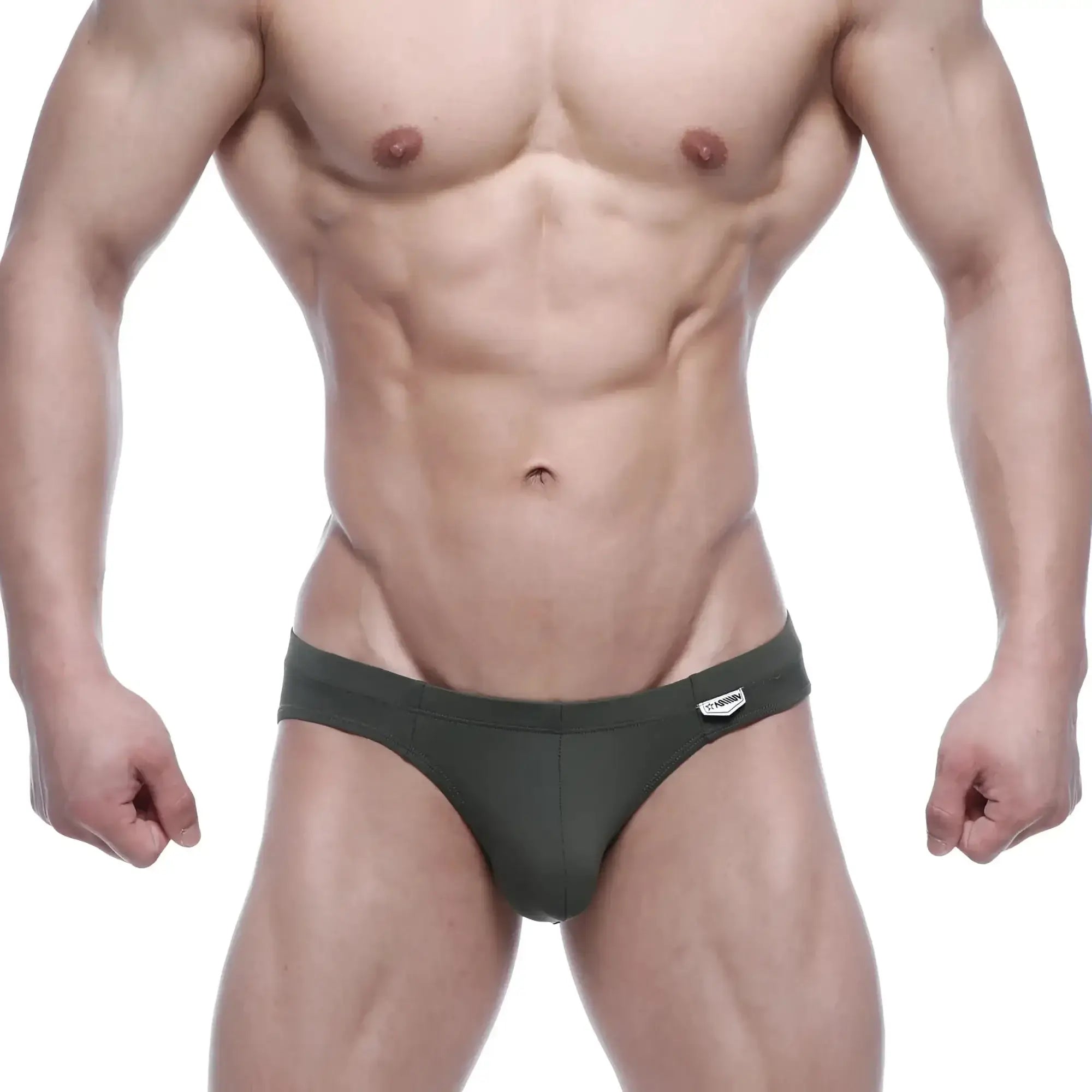 Olive green metro malewear vasco hip briefs with a small white brand tag on the waistband for comfortable wear