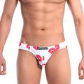 White mens briefs with bold red lipstick print and metromalewear label metro malewear vasco hip brief kiss white 5103-66