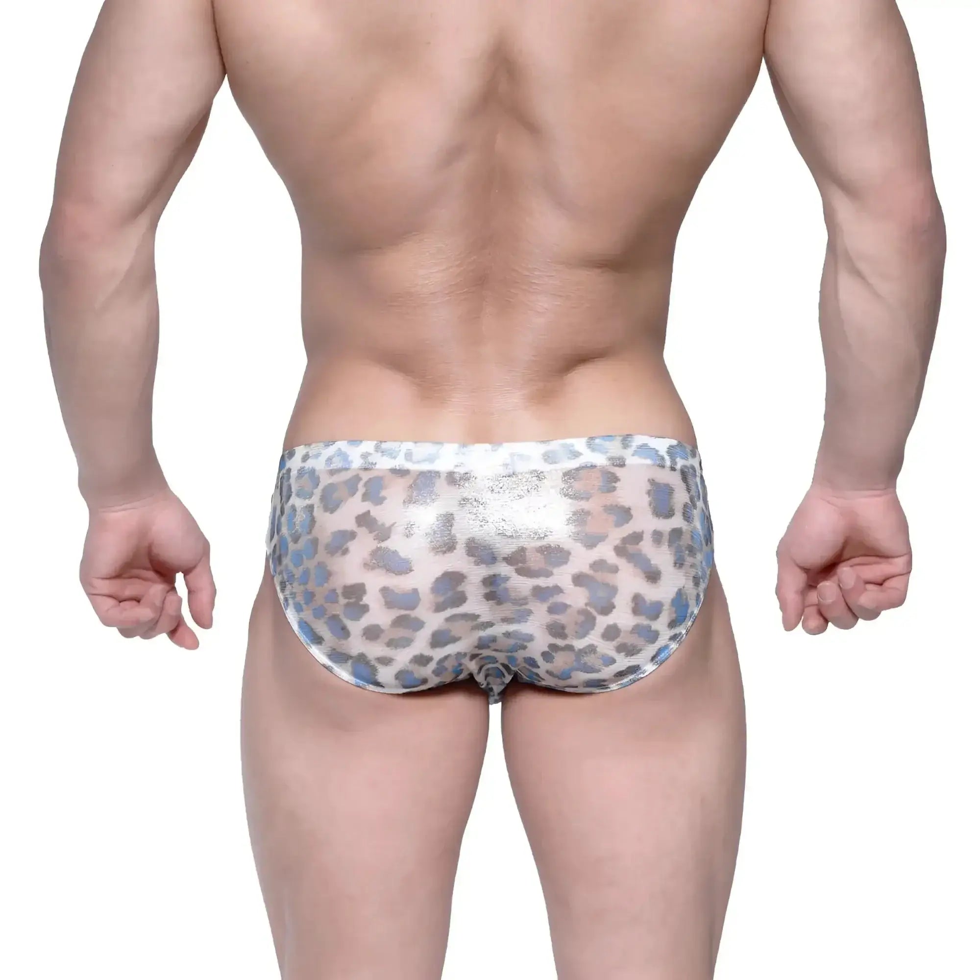 Shiny silver and blue leopard-print metro malewear vasco hip briefs made of stretch fabric for men