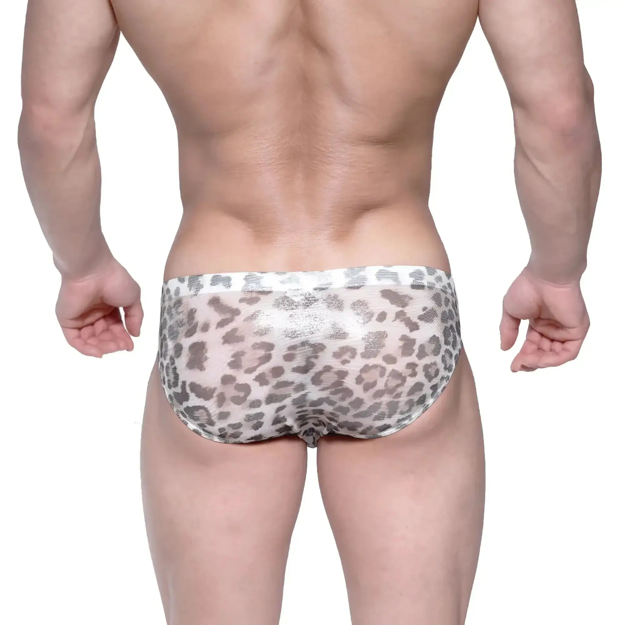 Gray and white leopard-print mesh briefs metroMalewear vasco hip brief leopard yellow 5103-72 front view