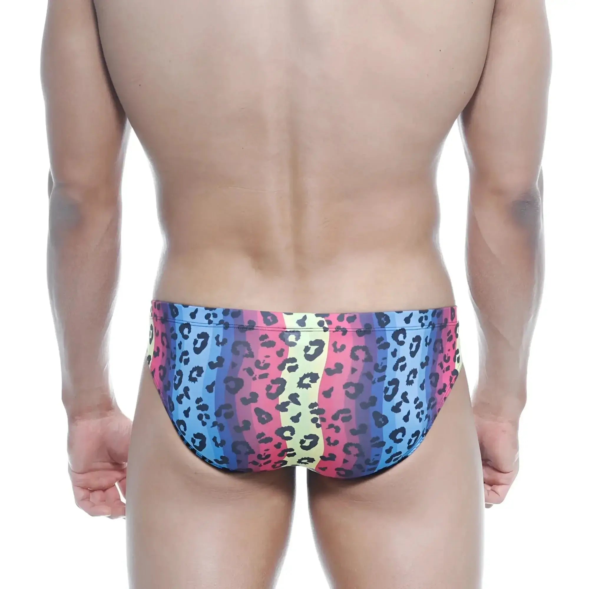MetroMaleWear Vasco Hip Brief neon 5103-05 vibrant rainbow-striped swim trunks with bold black leopard print pattern