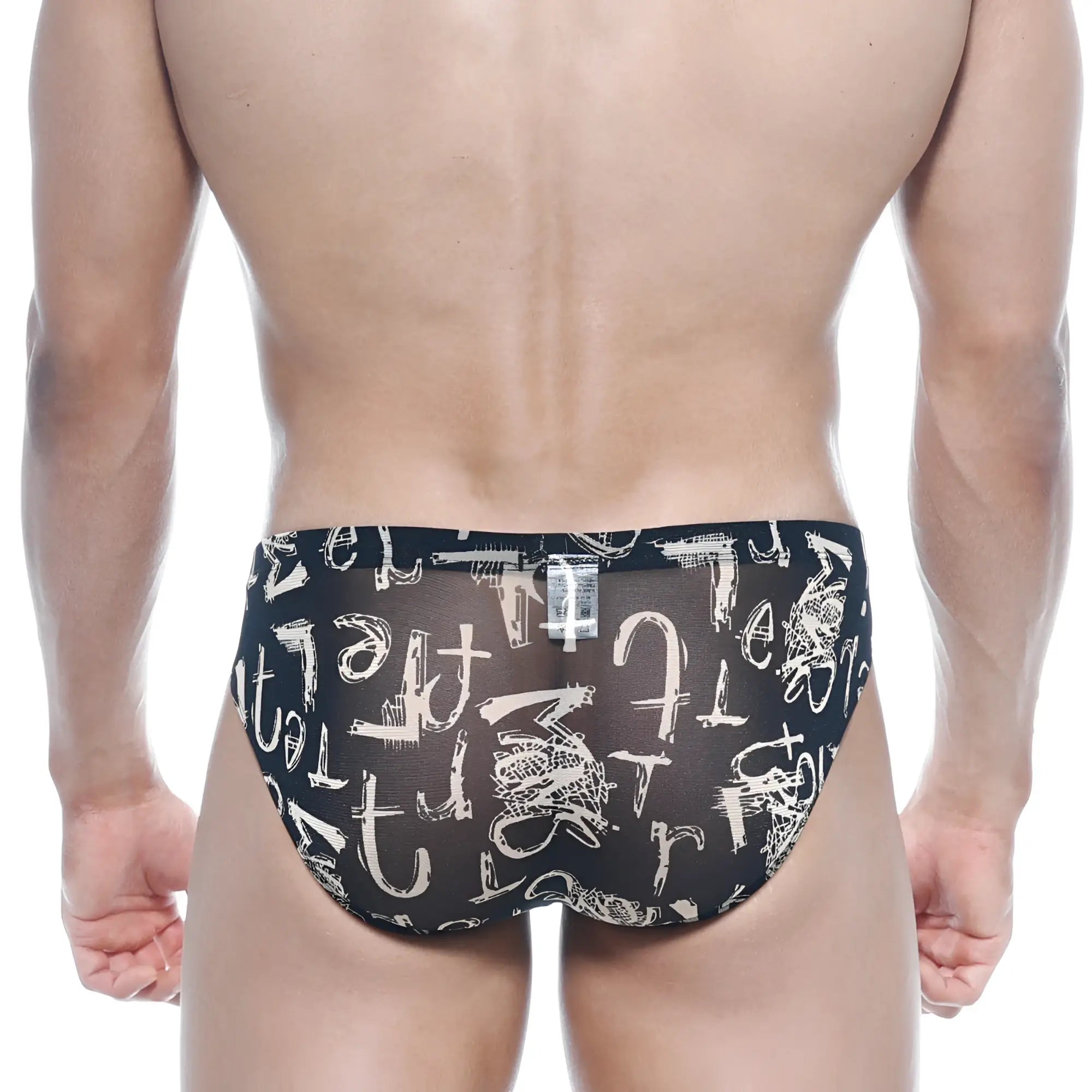 MetroMaleWear Vasco Hip Brief Oraculo 5103-78 black sheer swim trunks with bold white abstract graffiti pattern