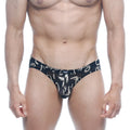 Black briefs with white abstract graffiti pattern metro male wear vasco hip brief oraculo 5103-78 front view