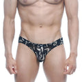 Black briefs with white abstract graffiti pattern metro male wear vasco hip brief oraculo 5103-78 front view