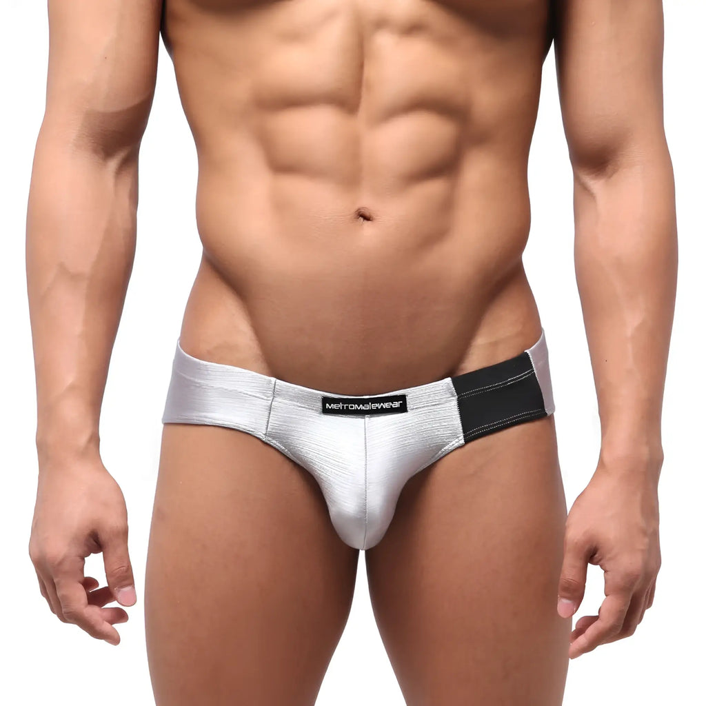 Silver metallic briefs with black elastic waistband and metromalewear label metroMalewear vasco hip brief titanium 5103-10