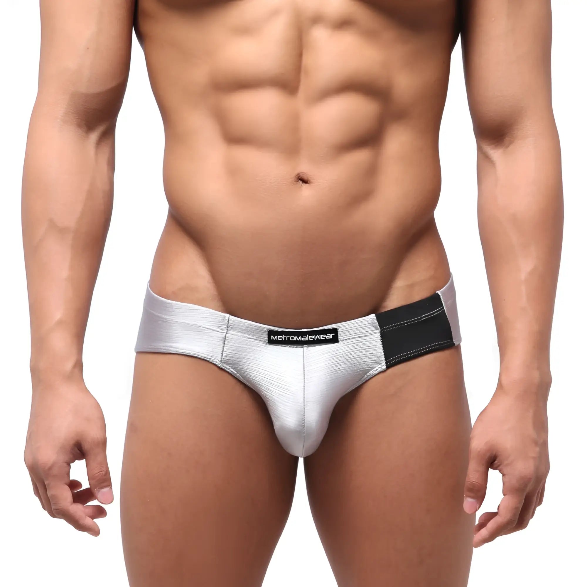 Silver metallic briefs with black elastic waistband and metromalewear label metroMalewear vasco hip brief titanium 5103-10