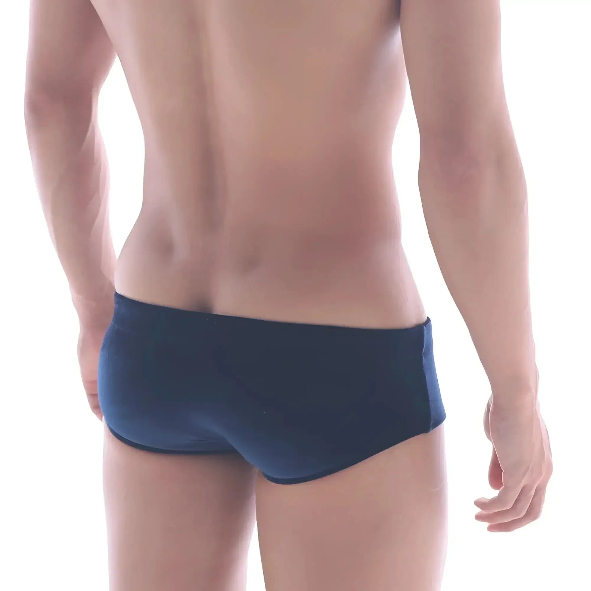 Navy blue MetroMaleWear velvet swim brief with smooth form-fitting fabric and subtle side panel detailing