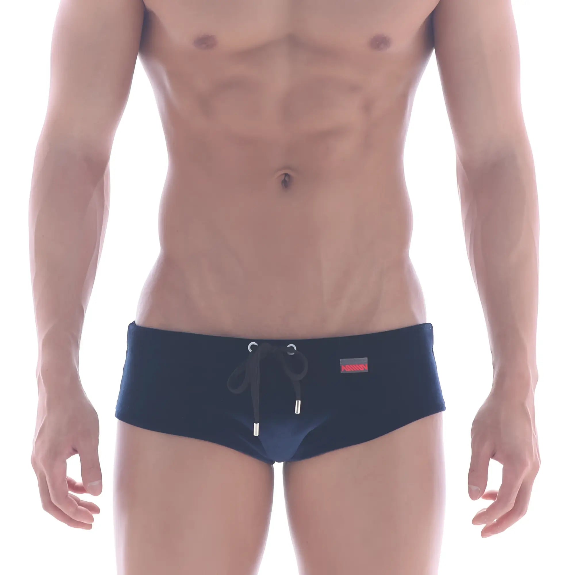 Navy blue velvet swim brief by MetroMaleWear with black drawstring silver metal aglets and red brand tag on waistband