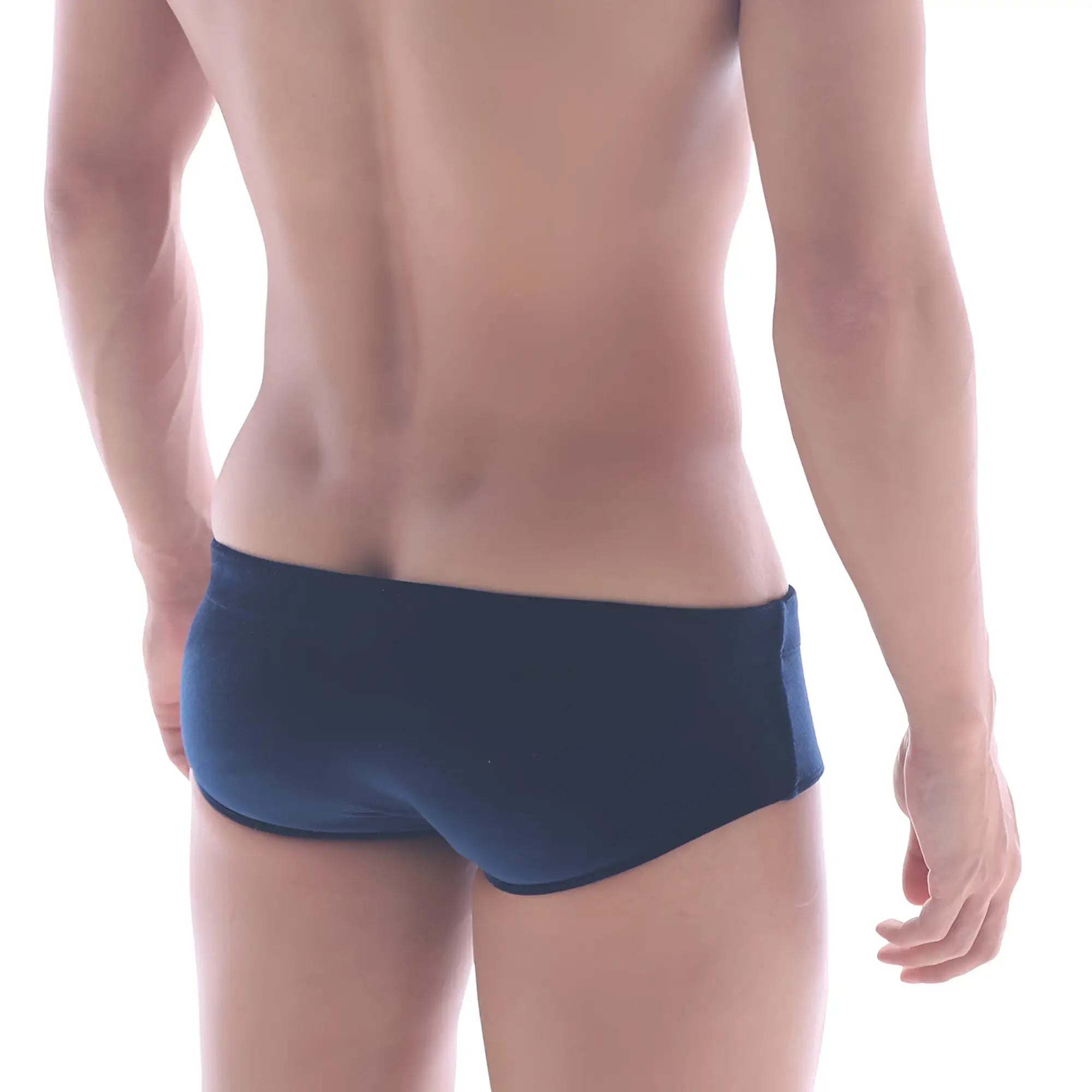 Navy blue MetroMaleWear velvet swim brief with smooth form-fitting fabric and subtle side panel detailing