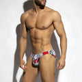 Red and white patterned swim trunks with bold graphic design from metromalewear vendeta bikini blossom 2614-09