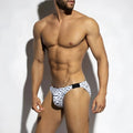 MetroMaleWear Vendeta Bikini Gentleman 2614-03 white swim trunks with black geometric pattern and solid black waistband
