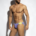 Metro malewear vendeta bikini jardin 2614-44 purple floral swim trunks with bright neon green waistband front view