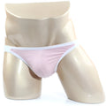 Pink thong with white trim on a mannequin from MetroMaleWear verano bikini dusty pink 3606-02 product line