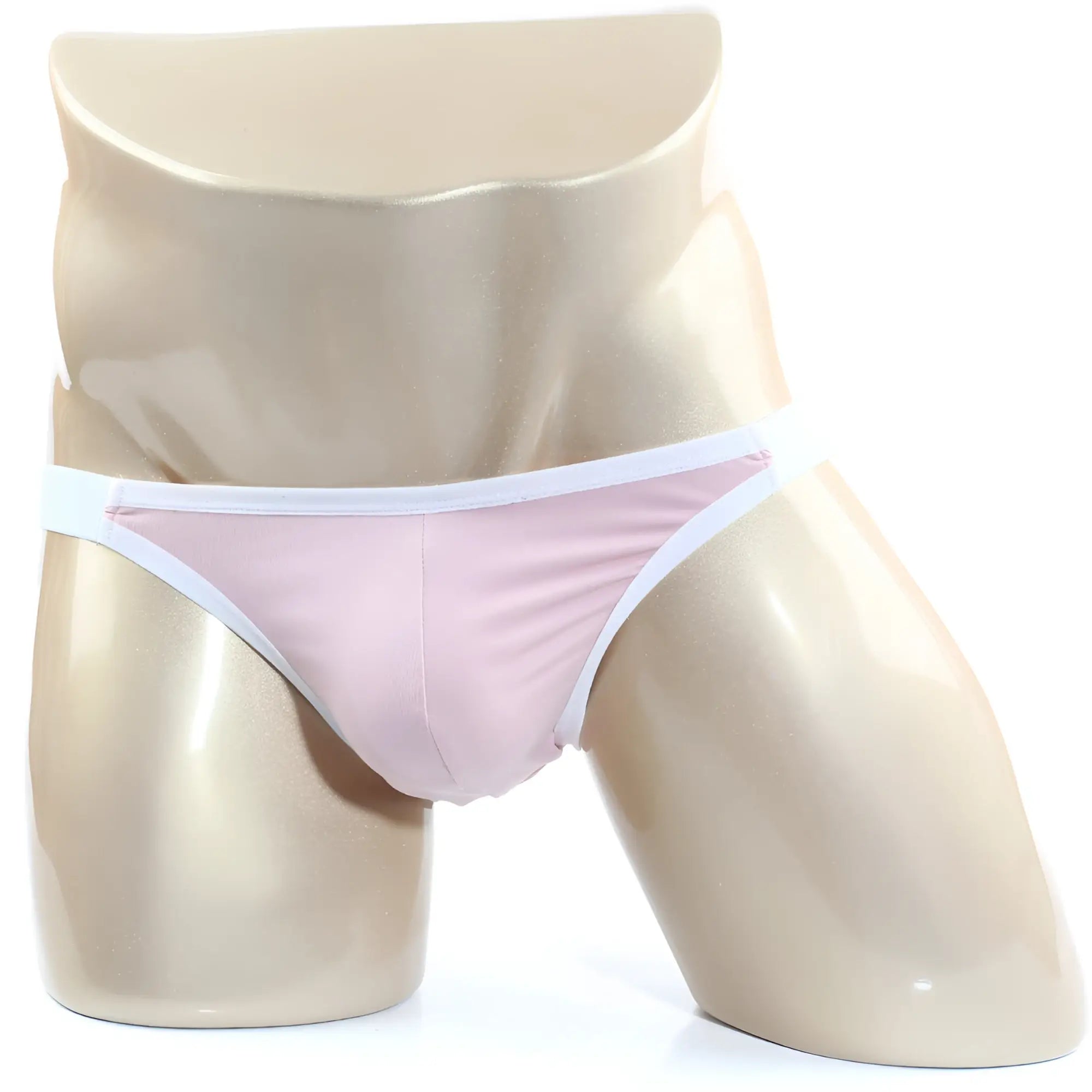 Pink thong with white trim on a mannequin from MetroMaleWear verano bikini dusty pink 3606-02 product line