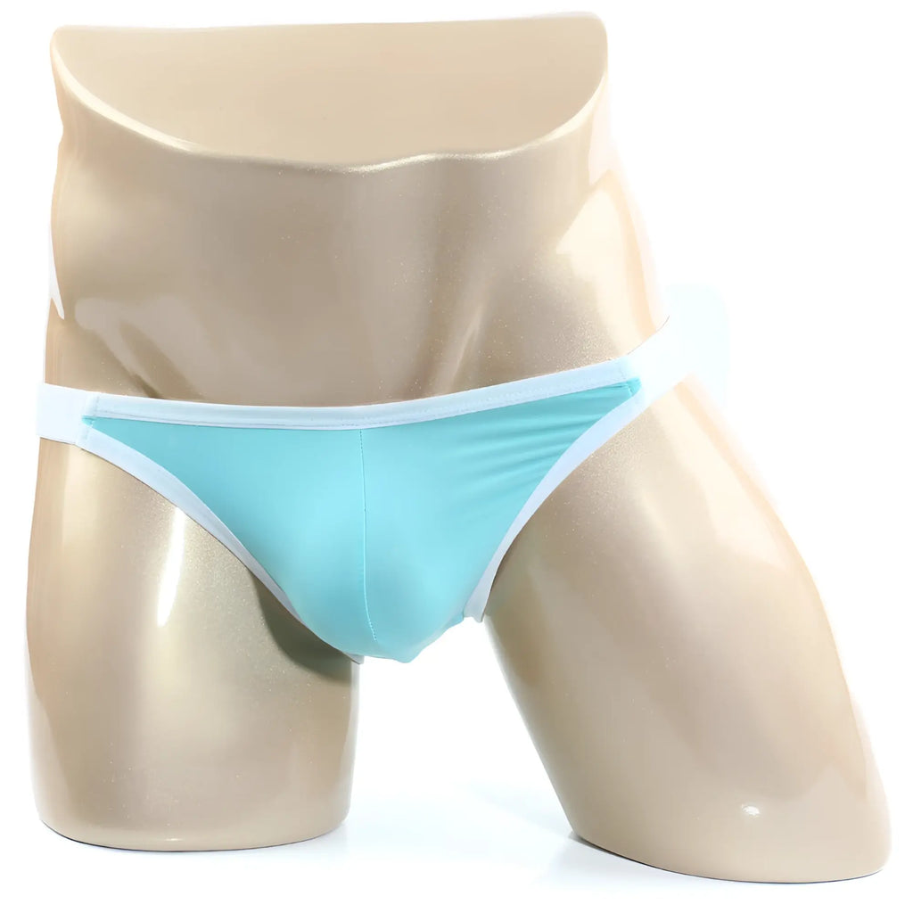 Light blue form-fitting briefs with white trim displayed on a mannequin metro male wear verano bikini pastel green 3606-07