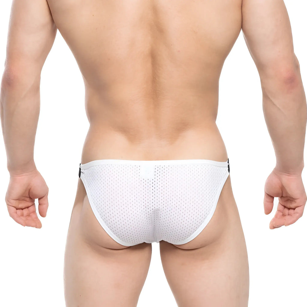 Metro male wear verano bikini white mesh briefs with black side tabs featuring breathable material