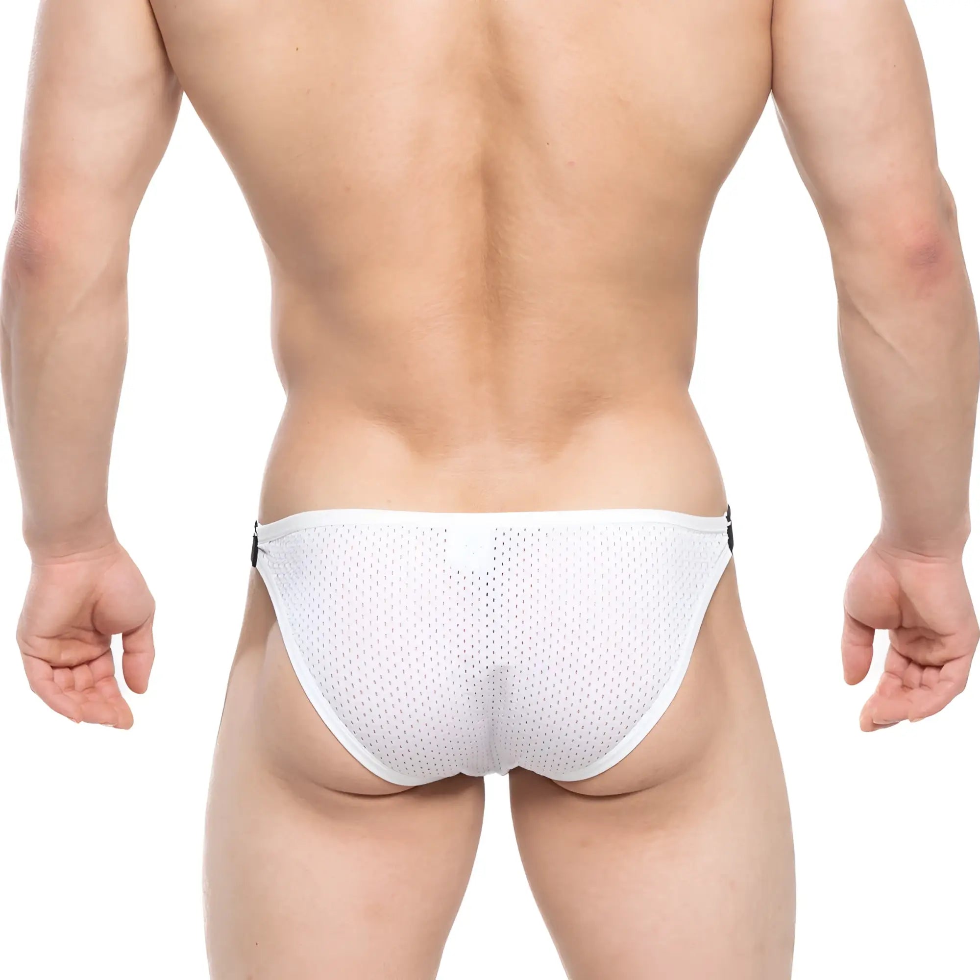 Metro male wear verano bikini white mesh briefs with black side tabs featuring breathable material