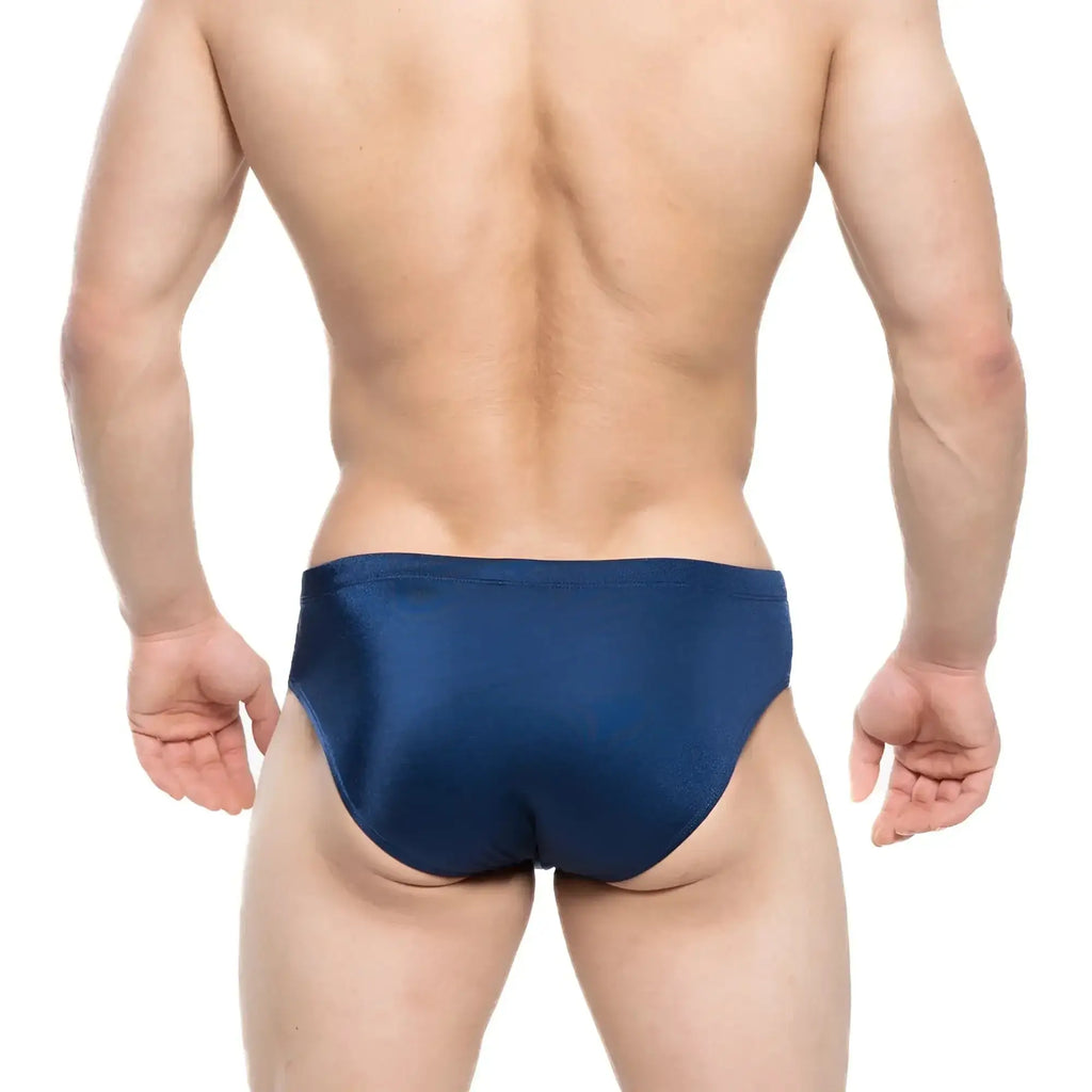 Navymalever versity swim brief navy 4998-28 in navy blue satin showing front design for versatile swimwear use