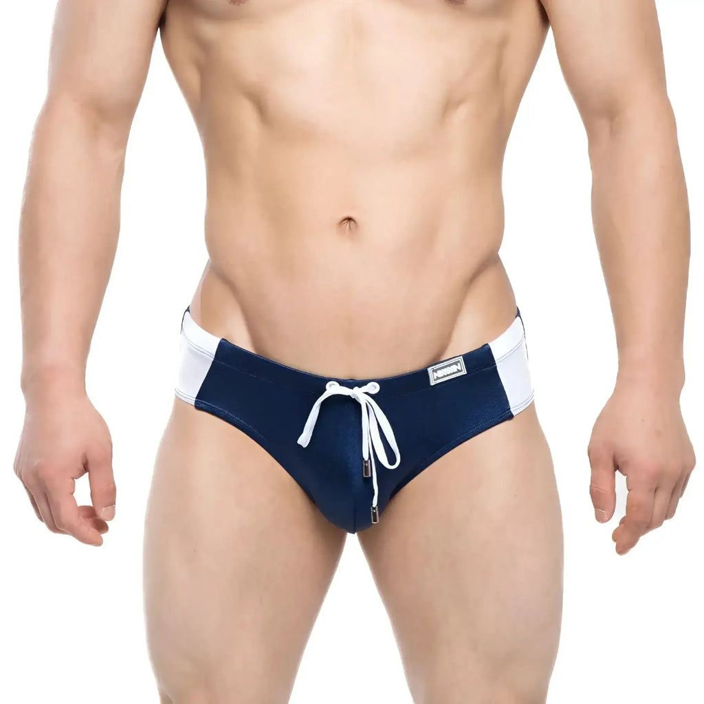 MetroMaleWear Versity swim brief navy 4998-28 features navy blue and white swim trunks with drawstring waistband