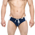 MetroMaleWear Versity swim brief navy 4998-28 features navy blue and white swim trunks with drawstring waistband