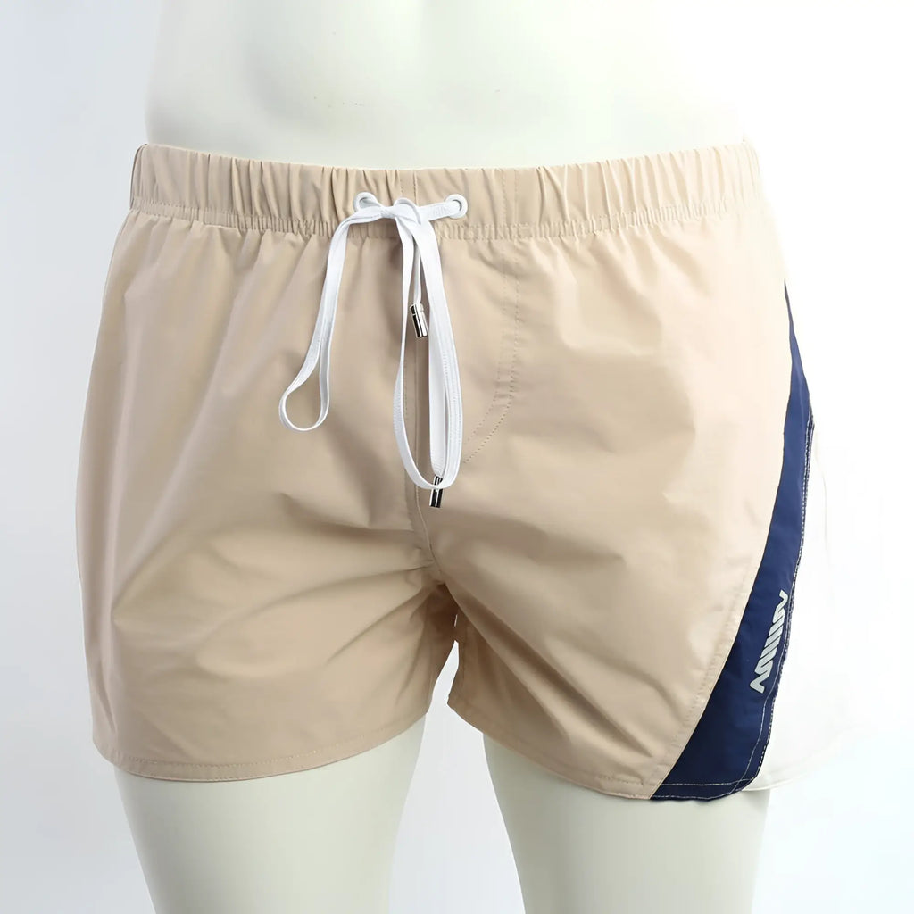 Beige and navy blue athletic swim shorts with white drawstring waistband from MetroMaleWear Viena Short 4715-04
