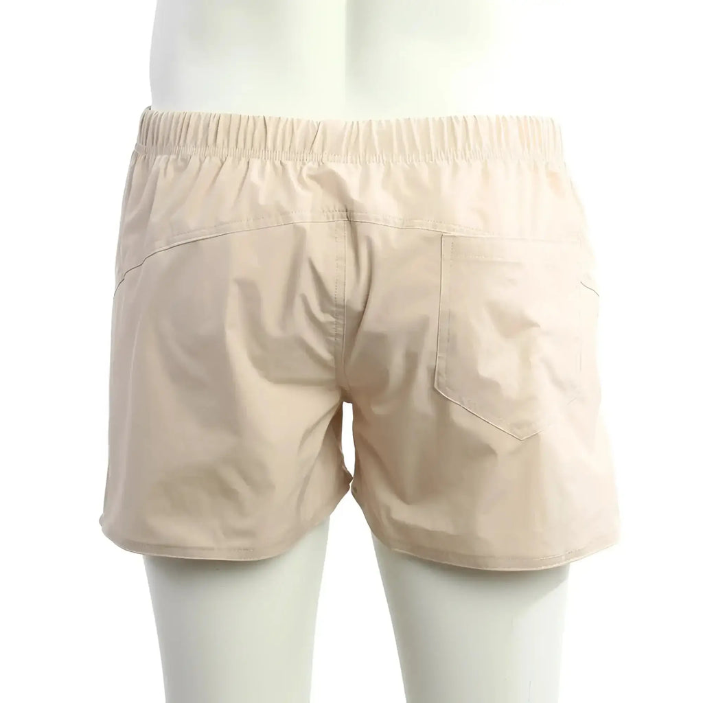 Beige metro malewear viena shorts back view with elastic waistband and single back pocket for casual wear