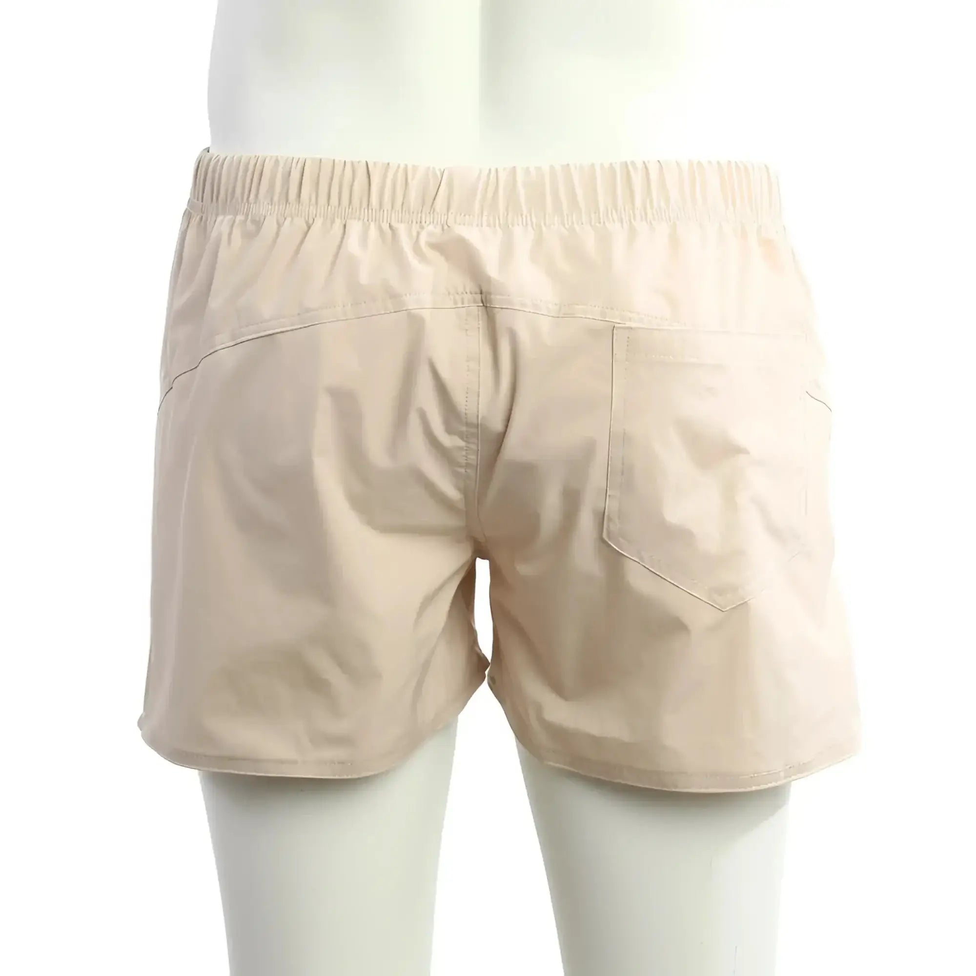 Beige metro malewear viena shorts back view with elastic waistband and single back pocket for casual wear