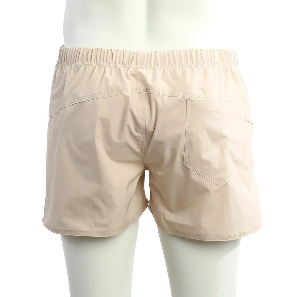 Beige metro malewear viena shorts back view with elastic waistband and single back pocket for casual wear