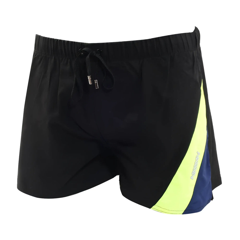 Black MetroMaleWear Viena athletic shorts with neon yellow and navy blue stripe and elastic waistband with drawstring