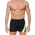 Black MetroMaleWear Viena short swim trunks with neon yellow and navy blue diagonal side stripe for men