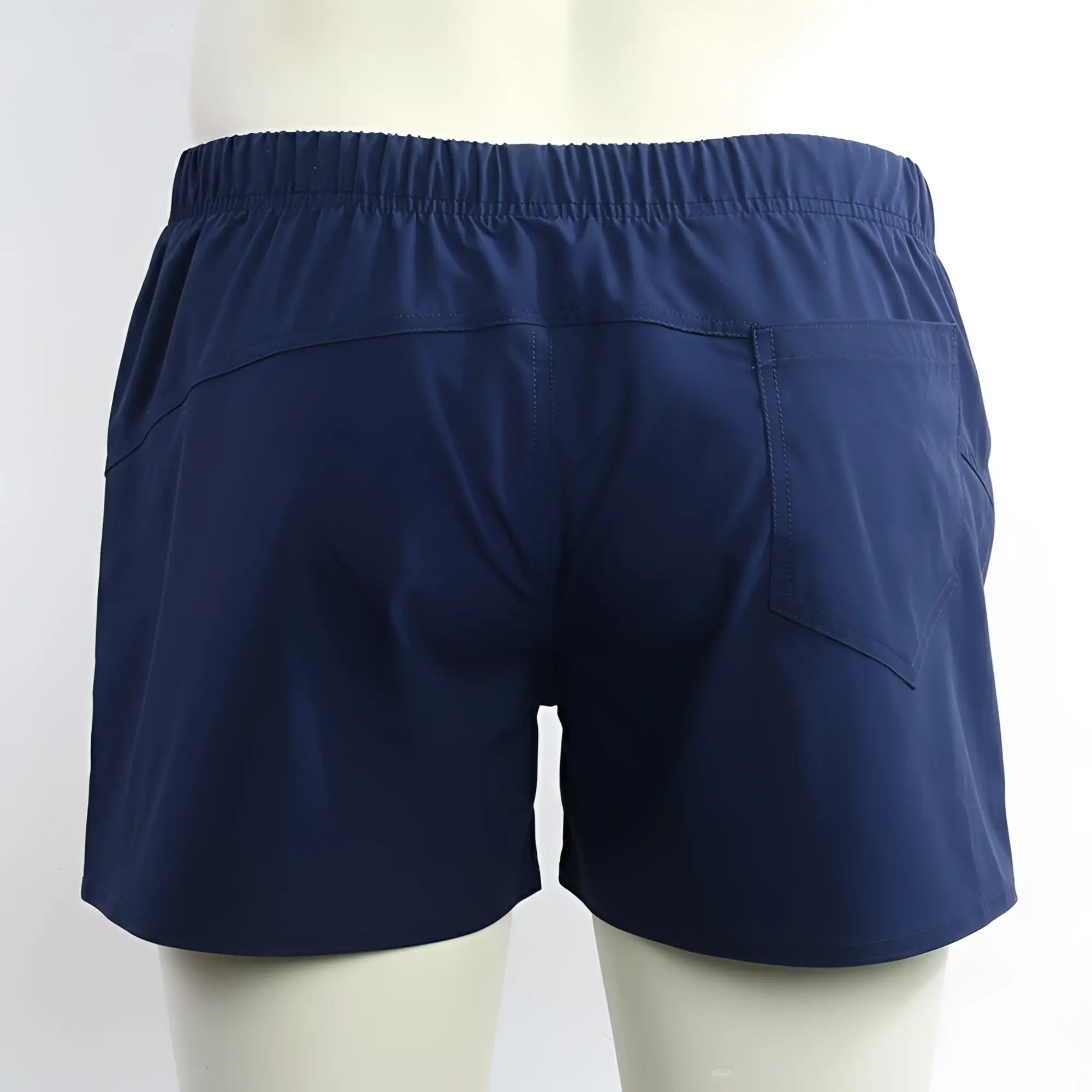 MetroMaleWear Viena Short navy athletic shorts with elastic waistband and single back pocket shown from the back side