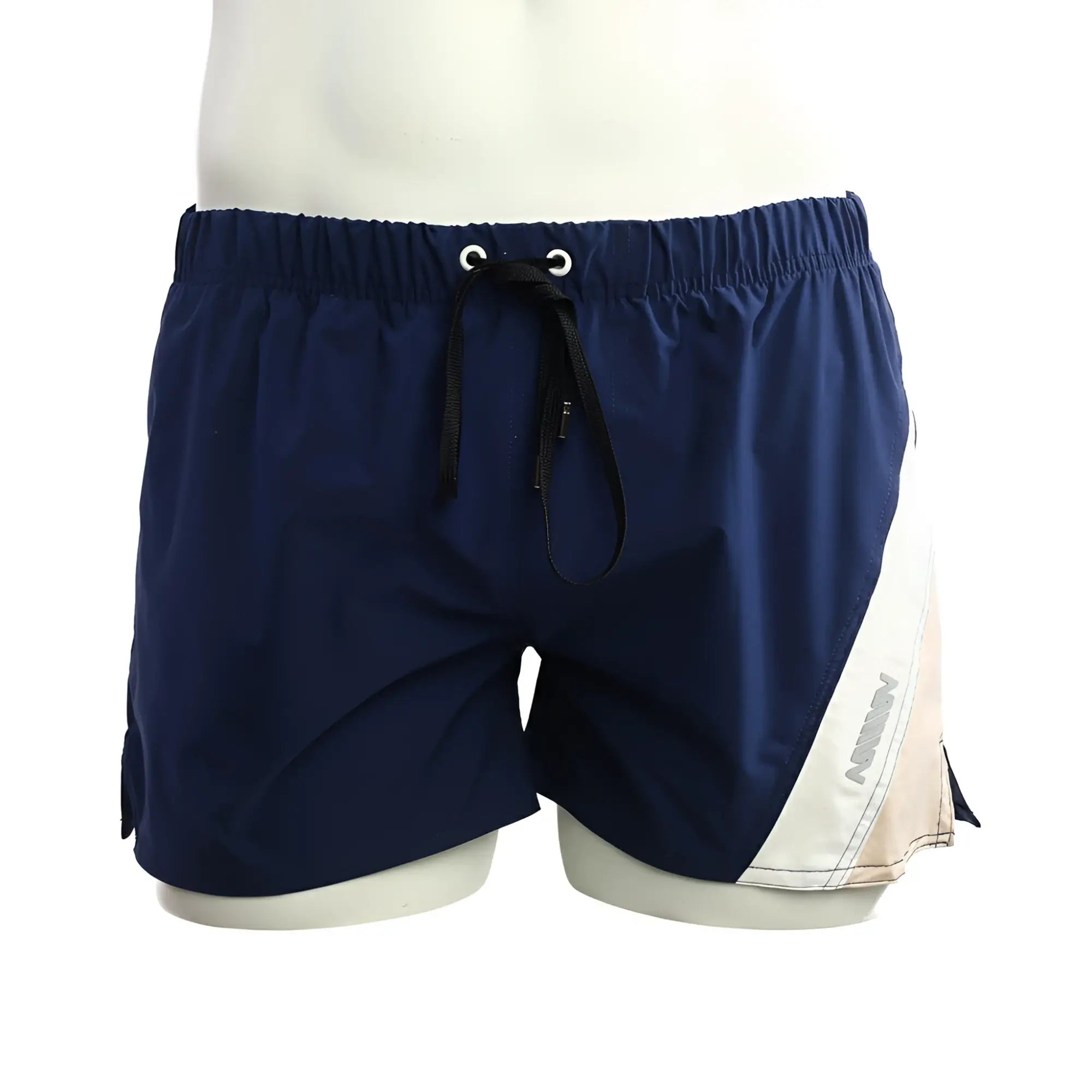 Navy blue and beige athletic swim trunks with drawstring waistband metro male wear viena short navy 4715-28