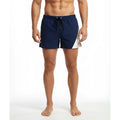 Navy blue MetroMaleWear Viena short swim trunks with white diagonal panel and black drawstring for casual wear