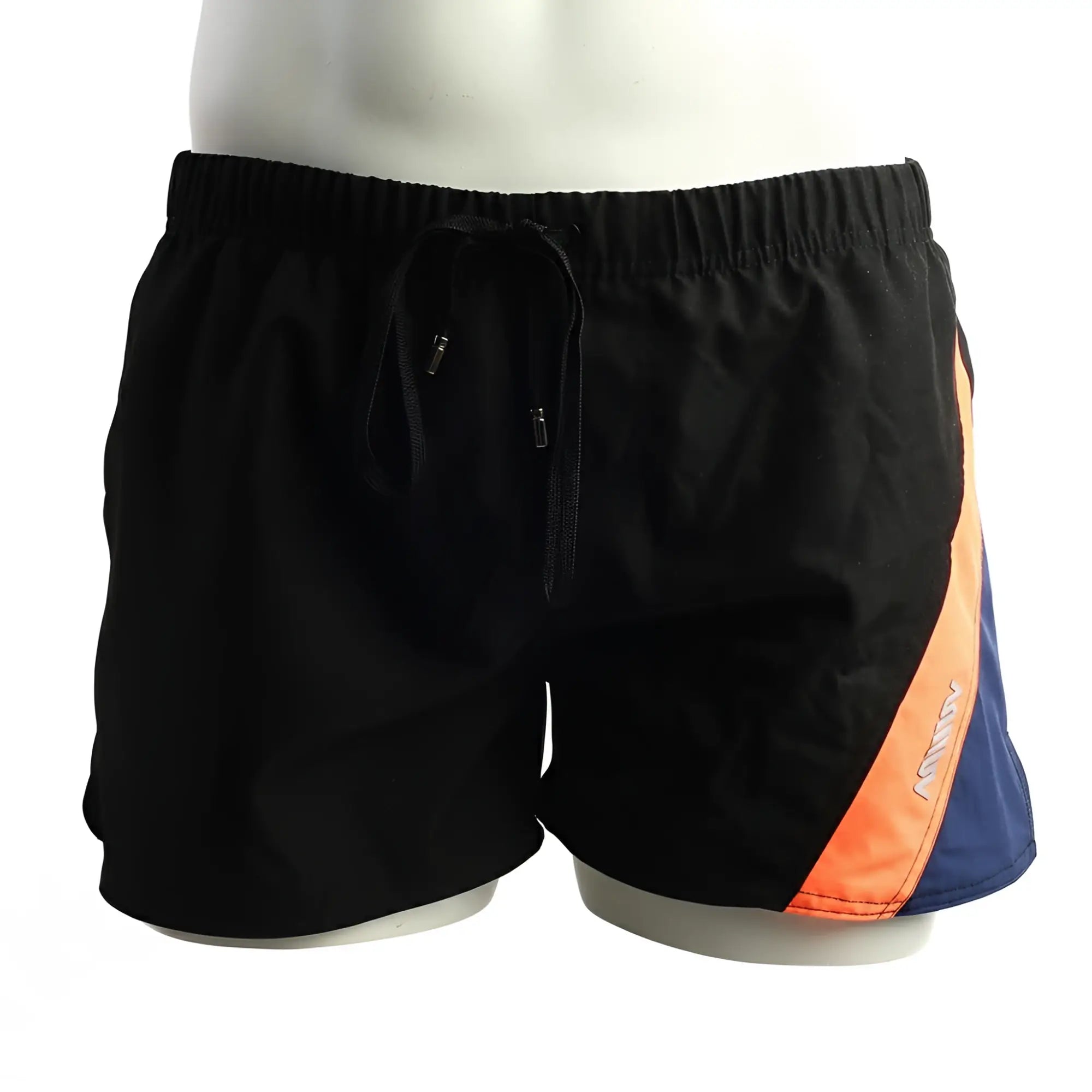 Black swim trunks metro malewear viena short orange with bold orange and blue diagonal stripe and elastic waistband