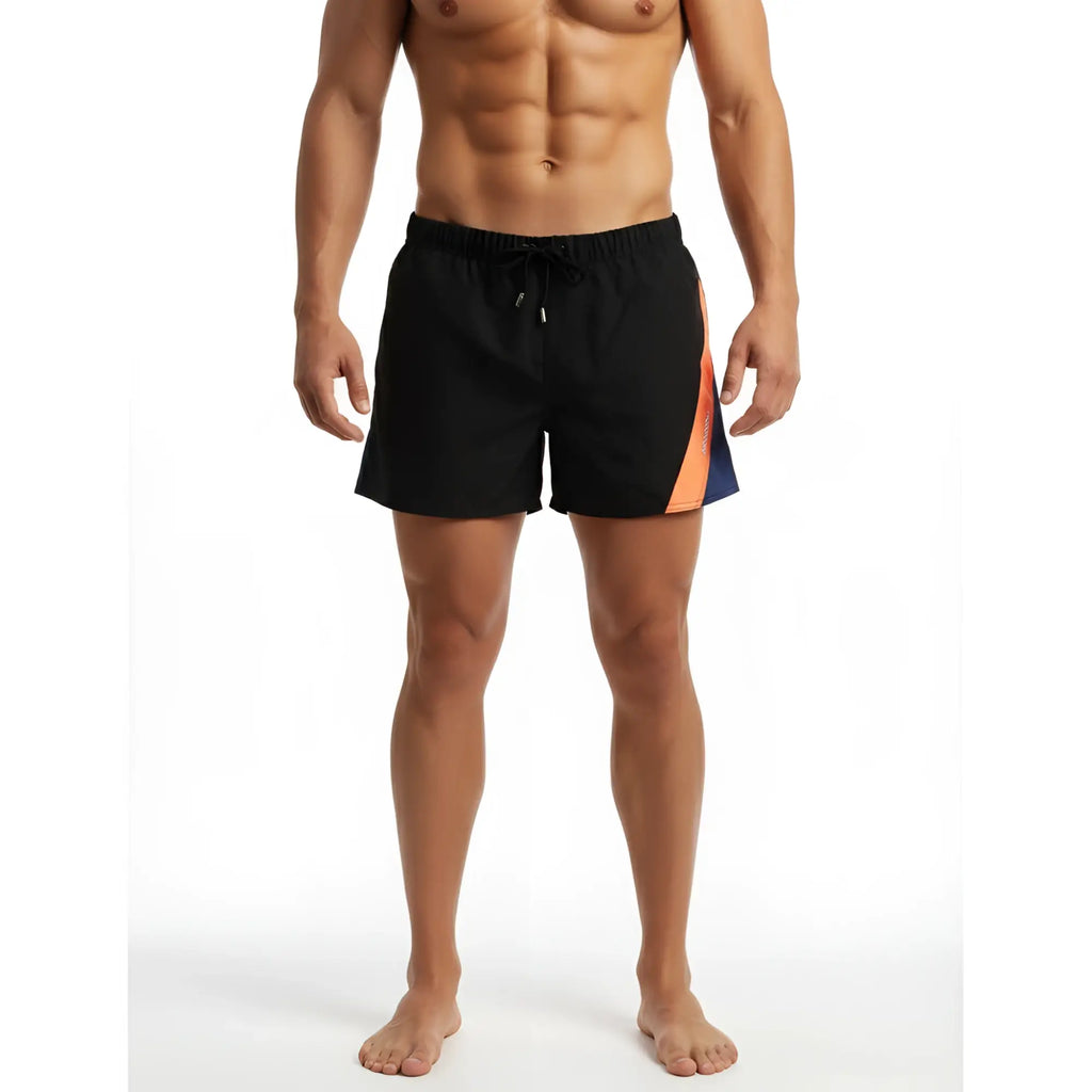 Black swim trunks metro malewear viena short orange with vibrant orange and blue diagonal stripe on the side