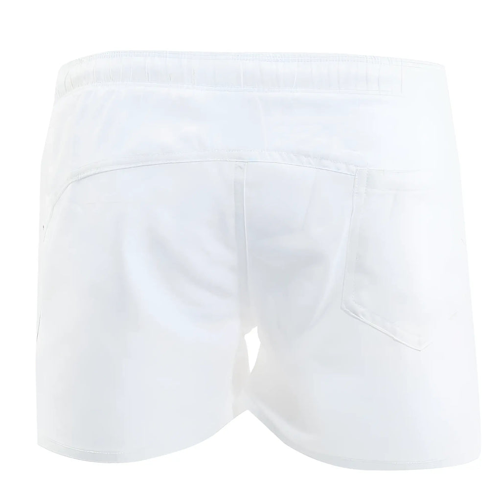 Back view of metro male wear viena short white athletic shorts with elastic waistband and single rear pocket