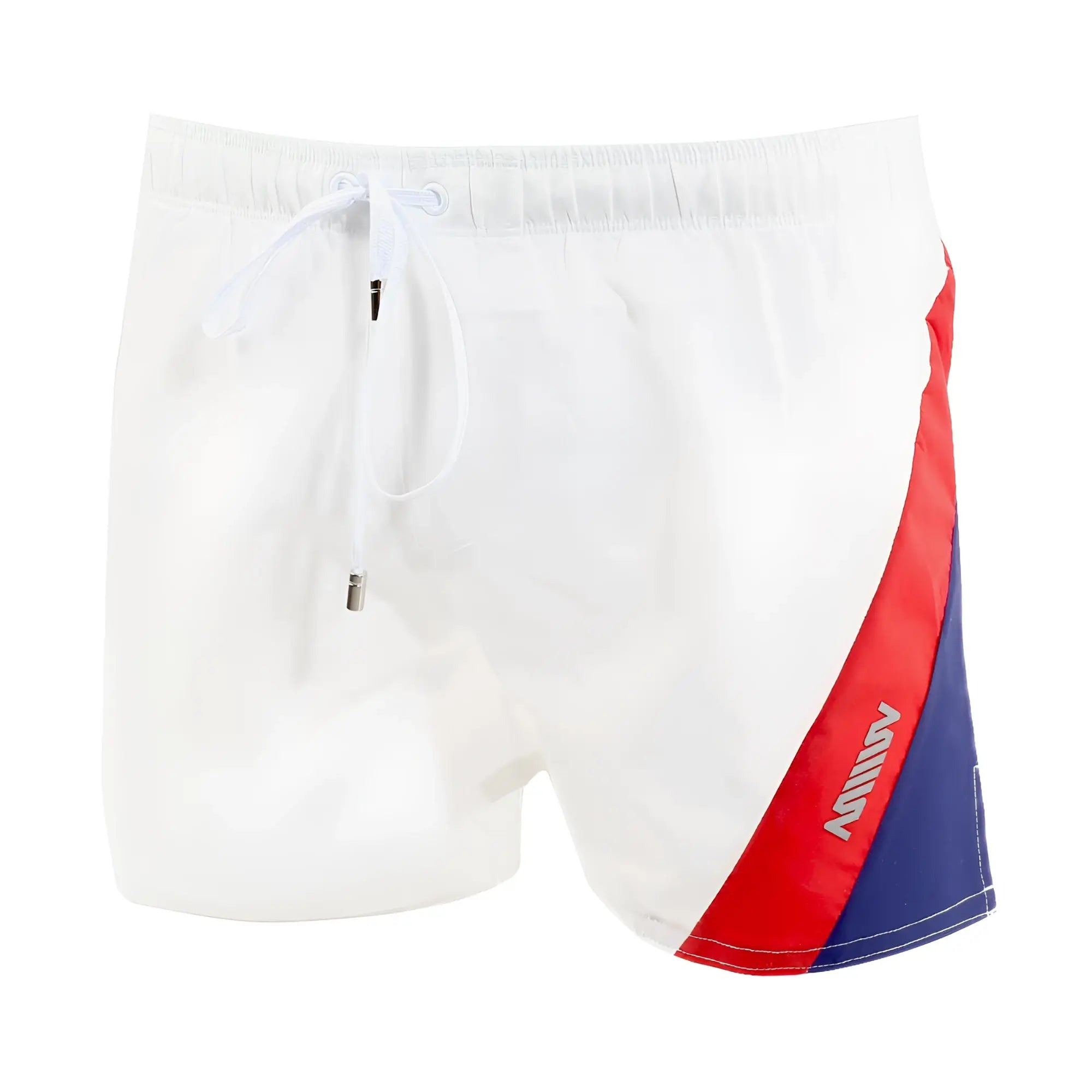 White swim trunks metroMalewear viena short with bold red and blue diagonal stripe and milly logo on side