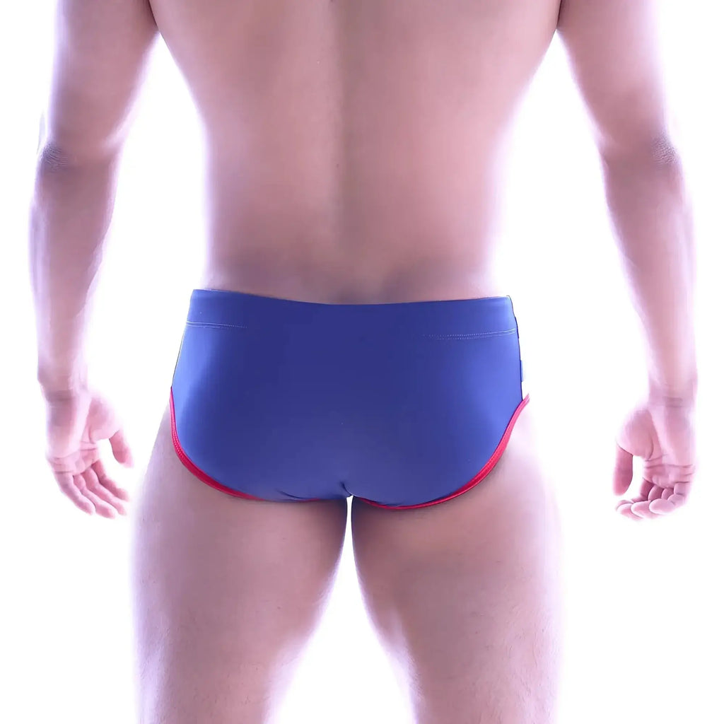 MetroMalewear vigor swim brief blue 4936-41 features blue swim trunks with red trim perfect for swimming and beachwear