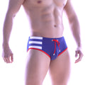 MetroMaleWear vigor swim brief blue with white horizontal stripes and red trim featuring a red drawstring