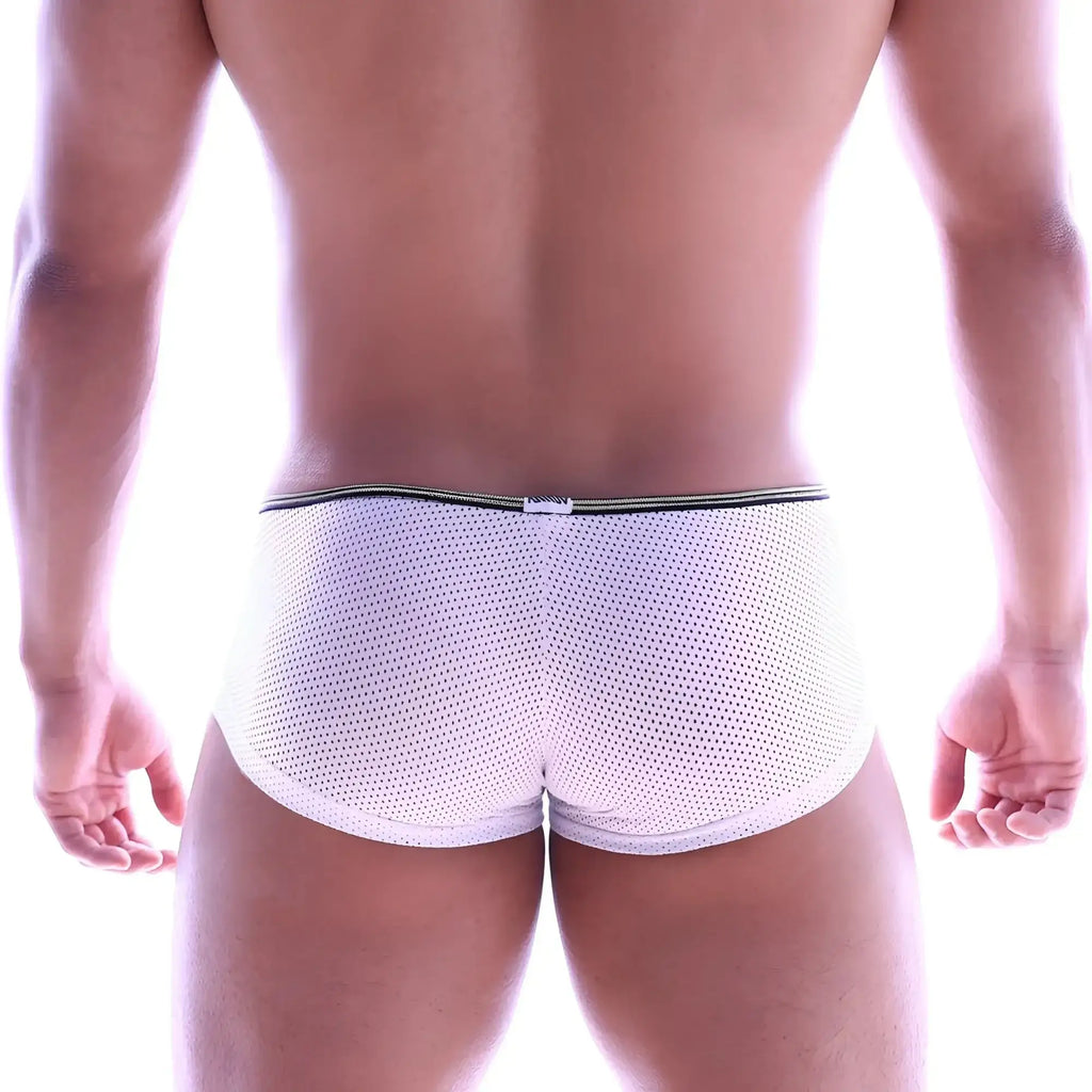MetroMaleWear vigor trunk white mesh briefs with black elastic waistband providing breathable comfort and support