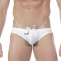 White mens swim trunks with black logo and matching drawstring from MetroMaleWear vintage swim thong collection